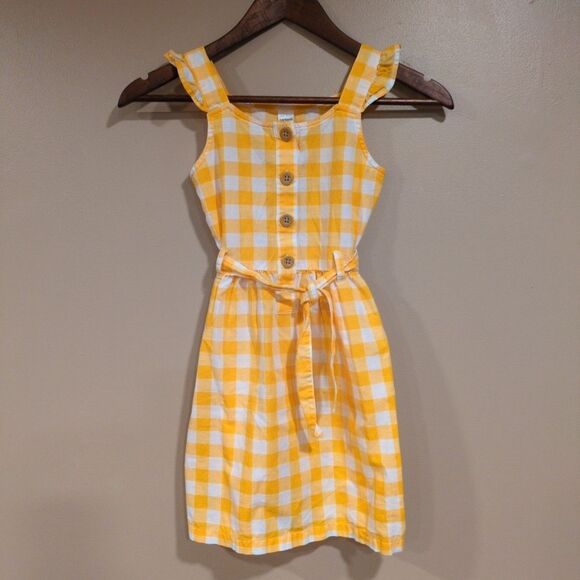 Carters Girls Size 7/7A Gingham Cotton Sundress Yellow White Plaid Button Ruffle - Picture 2 of 8